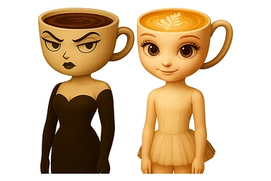 Edit the image to adjust the ballerina character's arms so they are straight down at her sides, while keeping the coffee character unchanged with her arms already straight. Maintain the transparent background. sticker