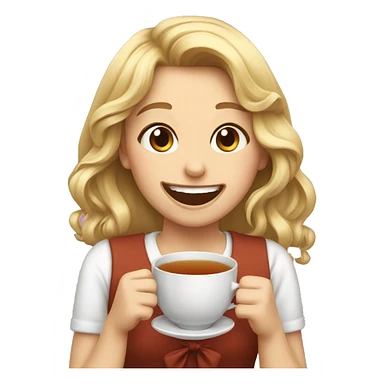 Girl laughing with tea and a bow sticker