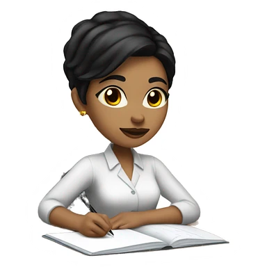 white skin woman with short black hair writing  a notebook on a desk sticker