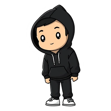 niño con jersei negro, pantalón negro y capucha sticker