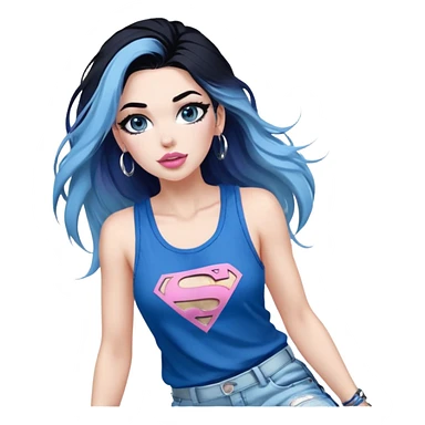 Tall-full body-long legs-huge female chest-very excited-very-beautiful-face-white torn cargo pants-light-pink-lips-very long-very-straight-dark-blue-ombre-hair-and-blue-eyes-thick-black-eyeliner-thick-long-eyelashes-sky-blue-superman-tank-top-with-glitter-and-silver-hoop-earrings sticker
