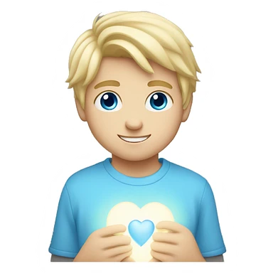 blonde blue eyed boy holding light blue heart sticker