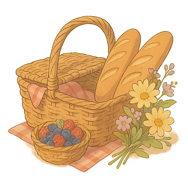 picnic basket with berries, bread, and flowers in warm pastel shades, soft Ghibli style sticker