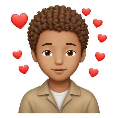 Brown boy with a dro fade haircut his hair is curly dreaming about his girlfriend small smirk on his face eyes closed with a little heart above his head sticker