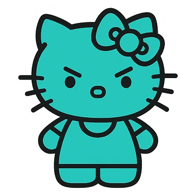 Hello Kitty character, teal color, angry expression, simple and iconic style sticker