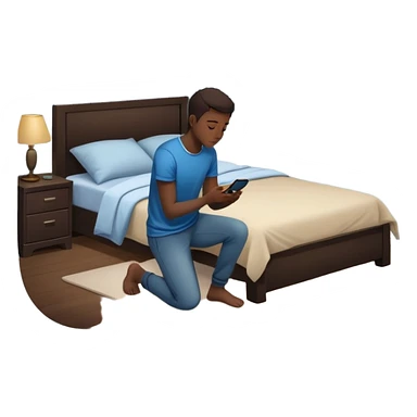 A Gen Z young person kneeling beside bed in bedroom at night praying, smartphone on nightstand, wearing casual clothes, dim lighting, posters on wall sticker