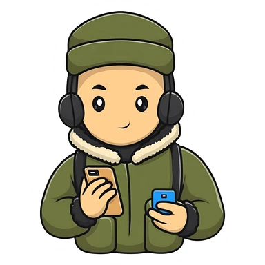 Russian military blogger wearing an ushanka hat and a vatnik, holding a smartphone sticker
