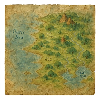 realistic crinkled and water damaged map, natural colors, soft, fairy-like atmosphere, no background, square size sticker
