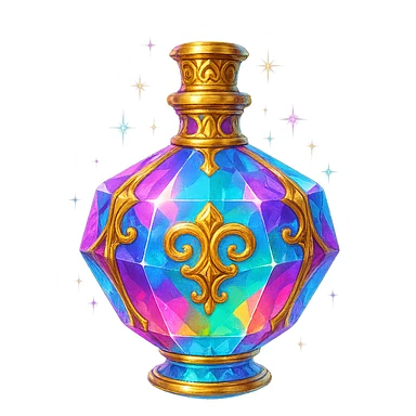 very luxurious crystal colorful chewing gum style elixir bottle, bright colors, lots of glow, edges, ornaments, golden details, magical effects, very small golden neck, transparent background, beautiful seamless bottom, bottle clearly floating in air, no base or shadow, premium class, playful, matching a collection sticker