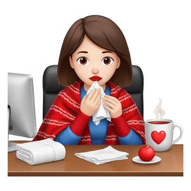 хвора дівчина сидить в офісі за столом, у неї в руках хустинка, червоний ніс, на столі серветки, чай sticker