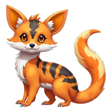 Rare tropical warm-colored exotic cute epic aesthetic colorful Salandit-Eevee-Civet-species-Fakemon-hybrid-creature, with wild fiery markings, full body sticker