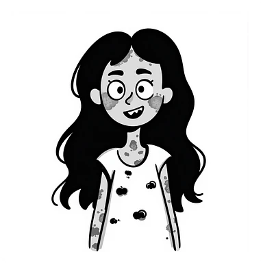 girl zombie with black long hair with teeth and serious face sticker