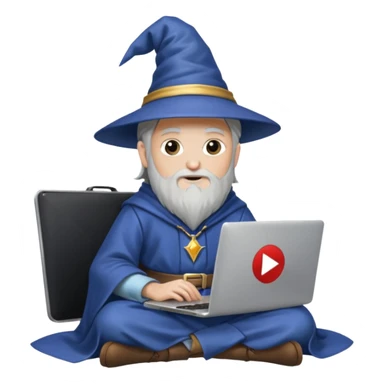 A wizard sitting with a laptop on his lap, the laptop looking like a Mac but with the YouTube logo on it sticker