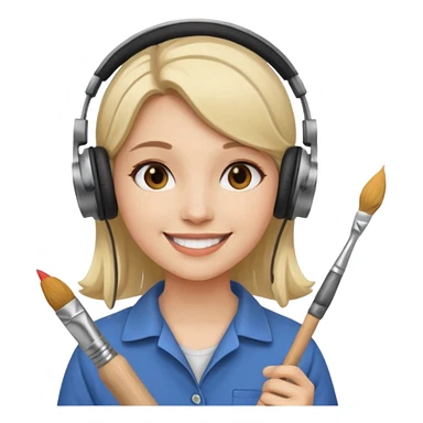 female artist wearing headphone, holding painter sticker