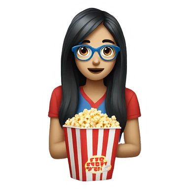Pale girl with long black hair eating popcorn with red and blue glasses sticker