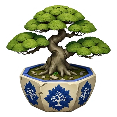 Japanese very old broken intricate Stone Age rocky-crusted dodecahedron-shaped shallow dark moss rough bark blue willow flower maple tree bonsai pot sticker
