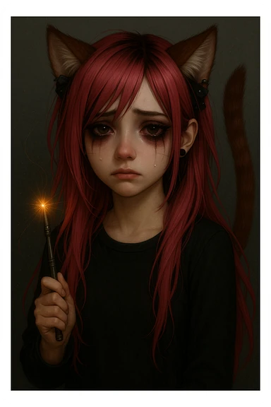 Transform the character into a realistic anime style with an emo aesthetic. Include side-swept bangs, darker makeup, black and pink accessories, and a moody vibe. Keep the sad expression, pink hair, magical accessory, and sparkles as in the original image. sticker