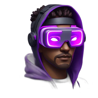 Cyberpunk style. Violet neon. Man with light skin in the black hoody with violet OMG VR logo on it wearing vr headset oculus quest 2 sticker