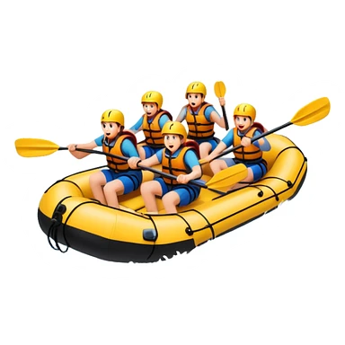 A group of adventurers paddling a raft through wild, fast-moving river rapids. The scene includes splashing water, rugged rocks, and intense action, emphasizing the excitement and teamwork of rafting in challenging conditions. sticker