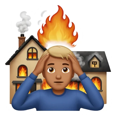 a man stands with his hands on his head, a house on fire behind him, with more smoke, apple style emoji sticker