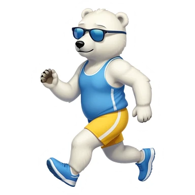 friendly anthropomorphised polar bear jogging upright, wearing blue and yellow athletic outfit and dark sunglasses sticker
