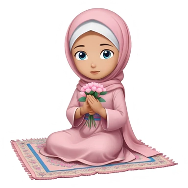 Turkish beautiful finish Konya girl blue eyes with powder pink color flower hijab long tail dress and sits on the pray mat namaz on the ground with dua  sticker