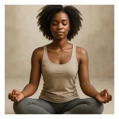 realistic style portrait of a black woman meditating, sitting in lotus position, with a soft background sticker