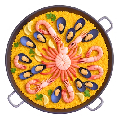 traditional Spanish seafood paella with shrimp, clams, mussels, saffron rice in a paella pan sticker