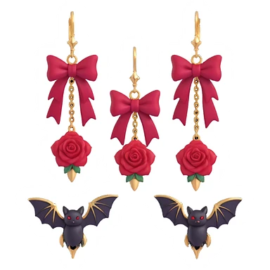 gothic earrings with crimson velvet bows, gold bat charms, deep red rose accents, dramatic and gothic style sticker