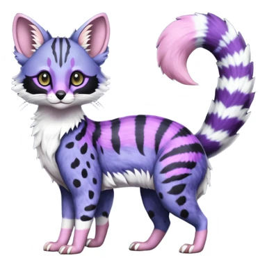 Beautiful fluffy elegant spotted dotted thick puffy hyper-realistic lifelike furry Indigo, purple, violet, pink, Civet-Genet-Possum-Serval-Caracal-Sergal-Trico-Numbat-Furret-fusion-Fakemon-hybrid-creature (full body) with long tufted ears and a striped tufted tail  sticker