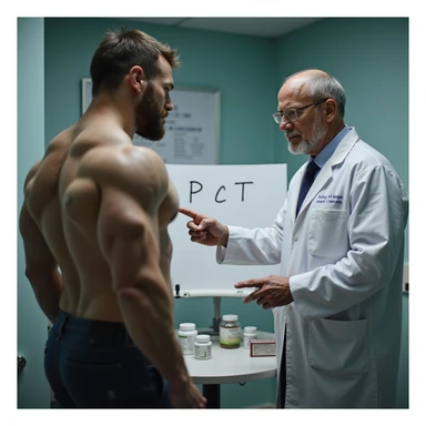 realistic scene of muscular bodybuilder in medical office, doctor in white coat pointing at a sheet with 'PCT' written on it, visible post cycle therapy drugs, clinical and realistic atmosphere sticker