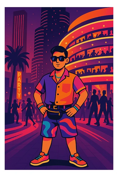 Make the man look funky and stylish, wearing vibrant, mesmerizing clothes and trendy accessories. Pose him confidently with an eye-catching and fashionable look suitable for a party scene, in a vibrant toon style. sticker