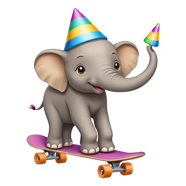 Elephant on a skateboard with a party hat sticker