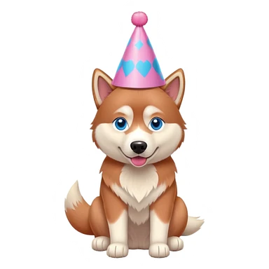 red siberian husky with blue eyes, sitting, wearing a pink party hat sticker