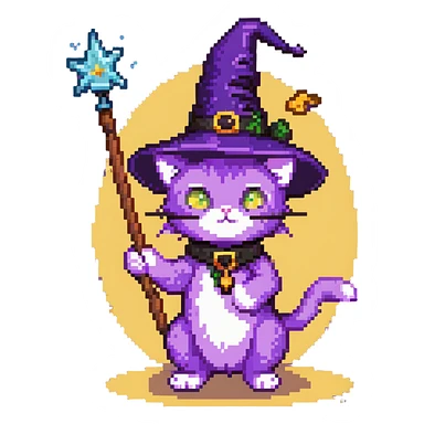 purple cat wearing a witch hat and holding a magic wand sticker
