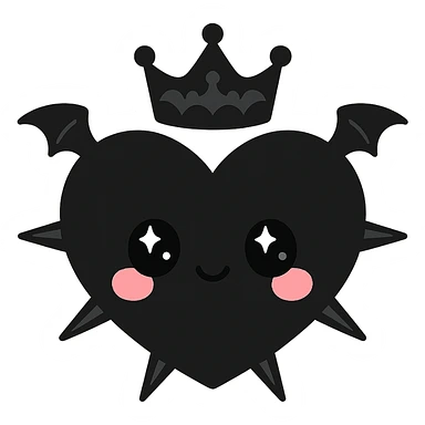 black gothic heart with metallic spikes, very tiny gothic bat wings, and a gothic crown, ornate, dark, elegant, kawaii style sticker