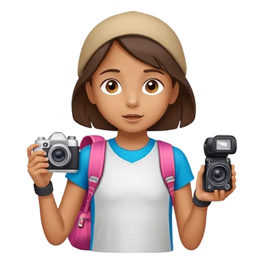 little tourist girl with camera and sportswear looking up sticker