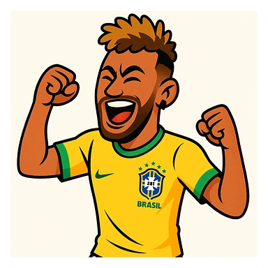 Neymar Jr. as a cartoon character, expressive and energetic, wearing a yellow Brazil football jersey, iconic hairstyle, celebrating a goal, white background sticker