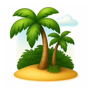 Create a beach emoji that looks exactly like the reference image in classic iOS emoji style. The emoji should have a 3D appearance with shiny, smooth gradients and soft shadows. Include palm trees and sand with the classic emoji look, emphasizing the 3D, shiny, smooth gradient style and soft shadows as seen in iOS emojis. Add a soft shadow under the palm trees to give depth and realism. sticker