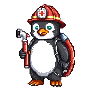 penguin firefighter with helmet and fire hose sticker