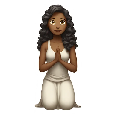 A woman kneeling praying, in a long dress, mid length curly dark brown hair sticker