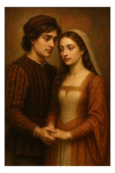 Romeo and Juliet as a romantic couple, classic Shakespearean attire, standing together, soft lighting, subtle heart motif, elegant and timeless style sticker