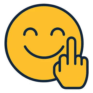smiling emoji face with a stylized hand showing the middle finger, color outlined icon style, modern and bold sticker