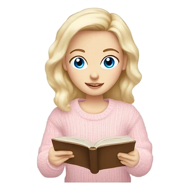 Pretty blue eyed white girl with light pink sweater reading cozy sticker