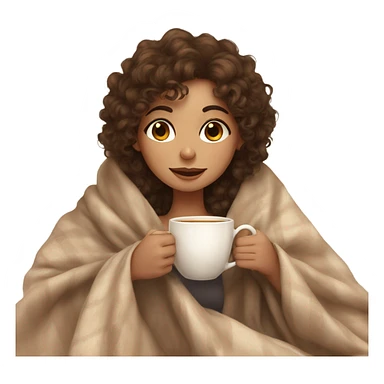 Brown hair Girl with curly hair drinking tea, with a cozy nude blanket sticker
