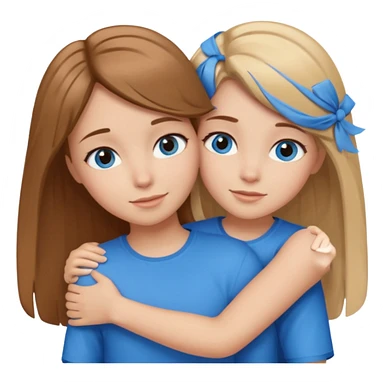 two Girls, Brown and Blonde hair, with Blue Eyes hugging one has Brown hair sticker