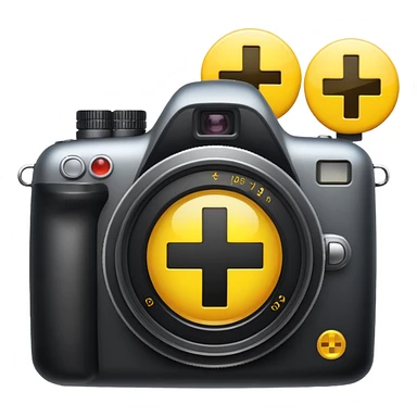 a camera with a yellow plus inside sticker