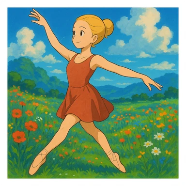 Add a vibrant, colorful background behind Dana Dawson in a dance pose, keep the original ghibli style sticker