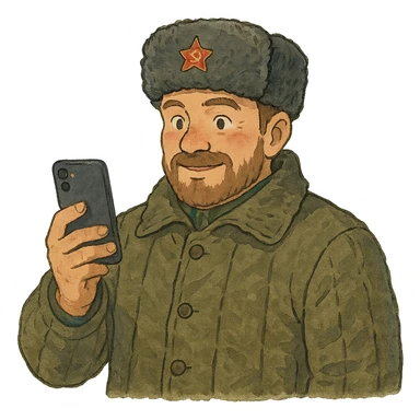 ghibli style illustration of a Russian military blogger in ushanka and vatnik, holding a phone sticker