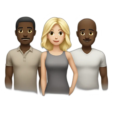 six dark-skinned men stand in a row behind a pale blonde woman sticker